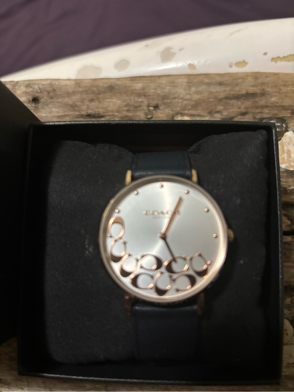 Coach Navy Leather Strap Watch with Rose Gold Accents
